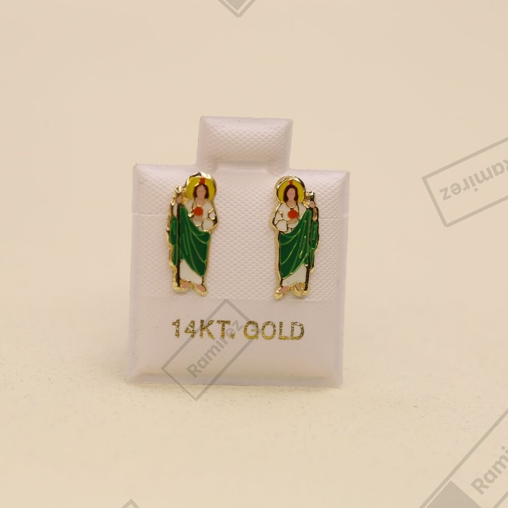 14K Solid Gold Saint Jude Stud Earrings • Green Robe • Water-Resistant Enamel.